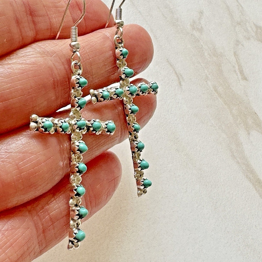 Native American Cross Earrings Zuni Sleeping Beauty Turquoise Sterling Silver - Picture 4 of 8